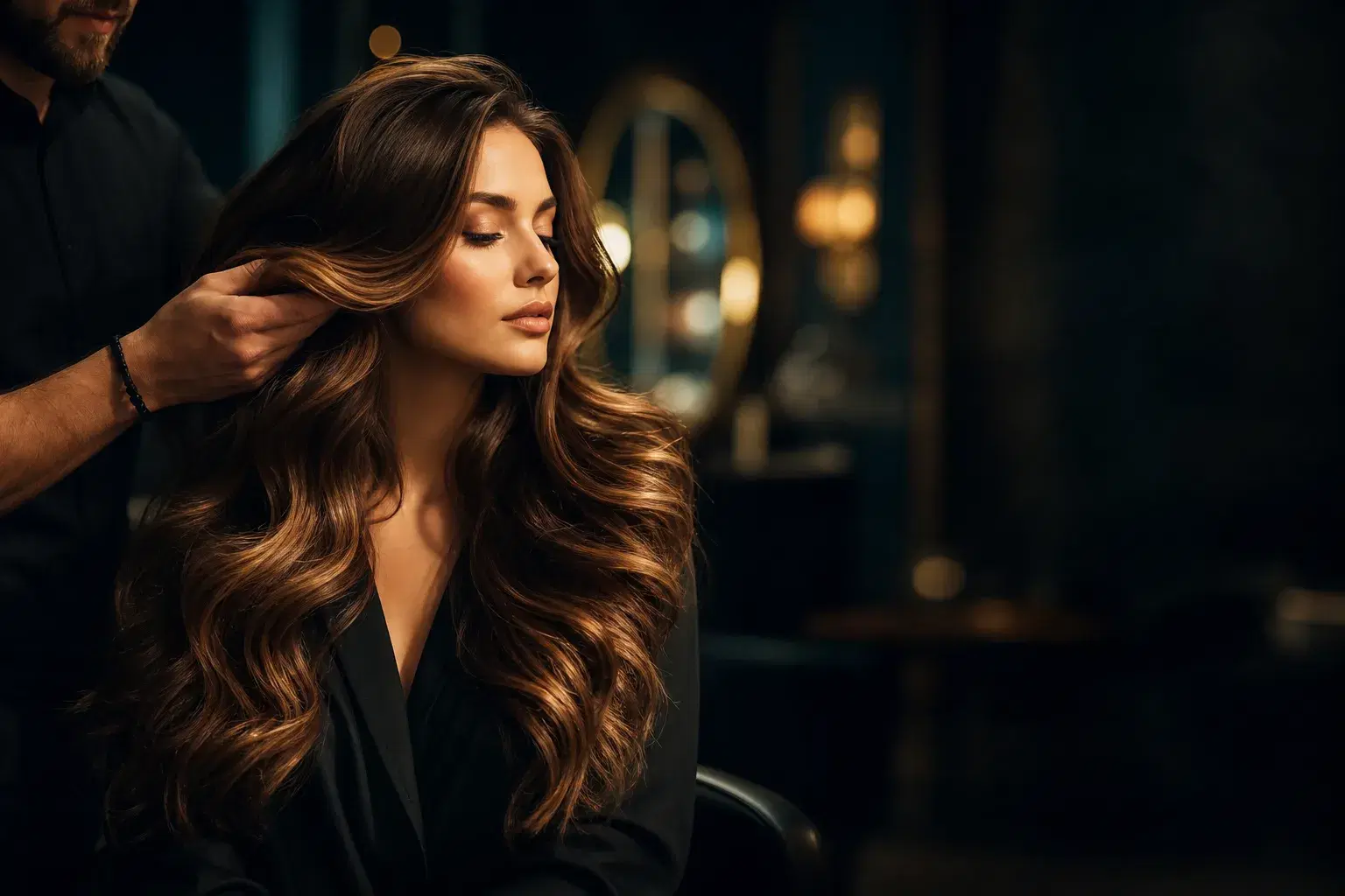 Stylist creating a glamorous, glossy blow-dry at Kameleon Salon